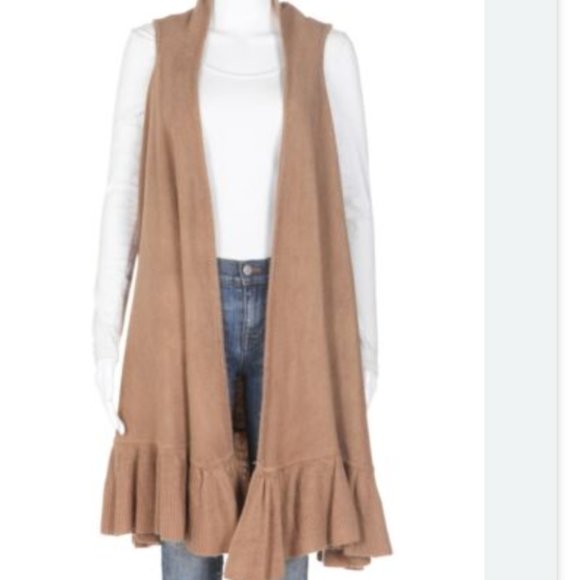 Anthropologie Sweaters - Anthropologie Evelyn K Ruffle Sleeveless Shawl Vest Long Tan Cardigan Sweater M